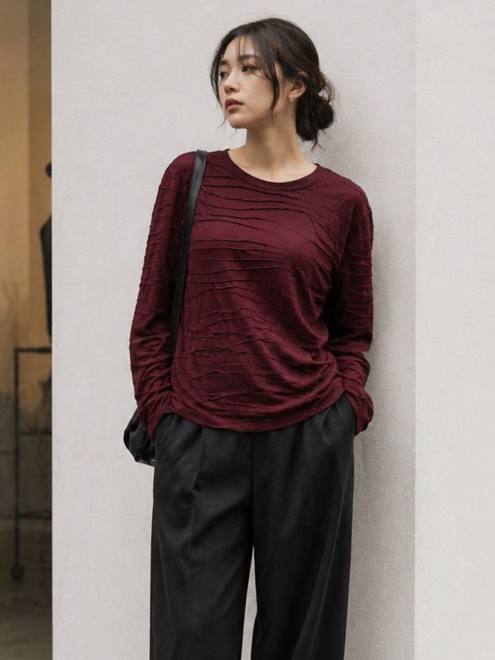 Simply by Vera Wang Wine Textured Long Sleeve Top